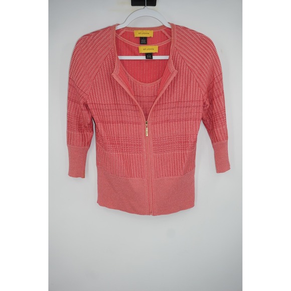 St John Sweater Set Womens P Pink Metallic Knit Zip Cardigan Shell Tank Top
